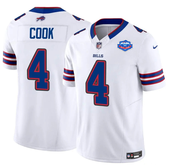 Men's Buffalo Bills #4 James Cook White 2025 F.U.S.E. With Farewell Patch Vapor Untouchable Limited Stitched Football Jersey Men's Buffalo Bills #4 James Cook White 2025 F.U.S.E. With Farewell Patch Vapor Untouchable Limited Stitched Football Jersey