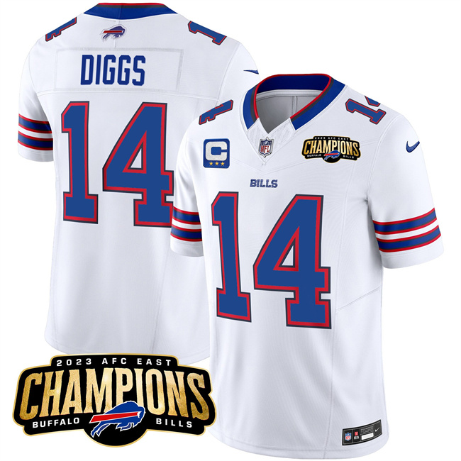 Men's Buffalo Bills #14 Stefon Diggs White 2023 F.U.S.E. AFC East Champions With 3-Star C Ptach Stitched Football Jersey Men's Buffalo Bills #14 Stefon Diggs White 2023 F.U.S.E. AFC East Champions With 3-Star C Ptach Stitched Football Jersey