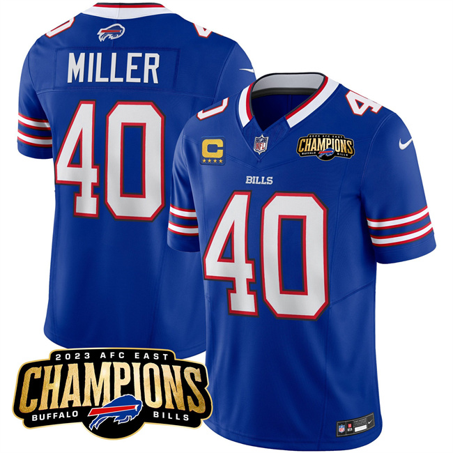 Men's Buffalo Bills #40 Von Miller Blue 2023 F.U.S.E. AFC East Champions With 4-Star C Ptach Stitched Football Jersey Men's Buffalo Bills #40 Von Miller Blue 2023 F.U.S.E. AFC East Champions With 4-Star C Ptach Stitched Football Jersey