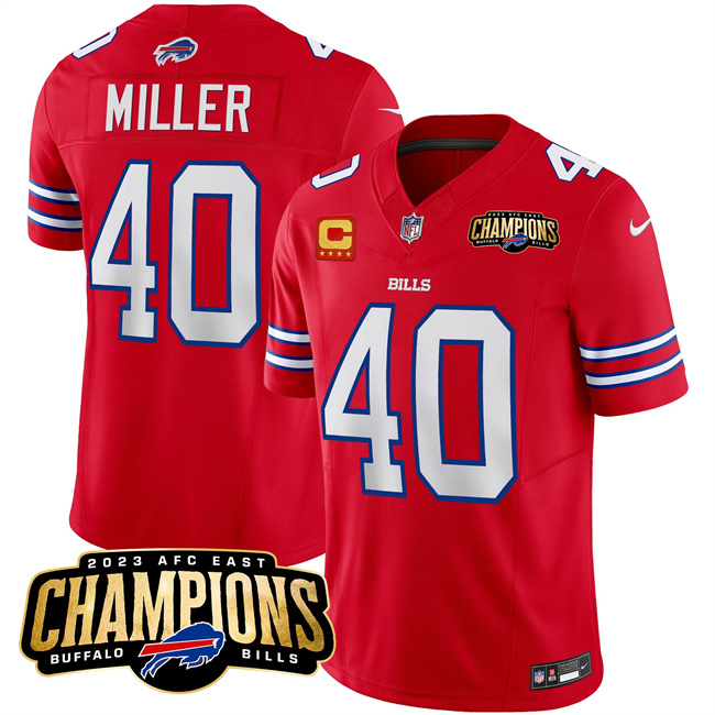 Men's Buffalo Bills #40 Von Miller Red 2023 F.U.S.E. AFC East Champions With 4-Star C Ptach Stitched Football Jersey Men's Buffalo Bills #40 Von Miller Red 2023 F.U.S.E. AFC East Champions With 4-Star C Ptach Stitched Football Jersey