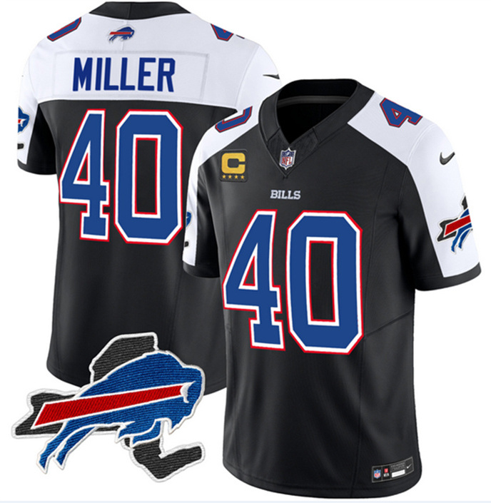 Men's Buffalo Bills #40 Von Miller Black White 2023 F.U.S.E. New York Patch And 4-Star C Patch Vapor Untouchable Limited Stitched Football JerseyS Men's Buffalo Bills #40 Von Miller Black White 2023 F.U.S.E. New York Patch And 4-Star C Patch Vapor Untouchable Limited Stitched Football JerseyS