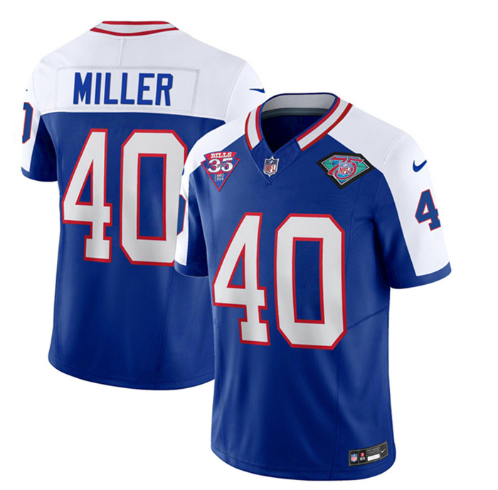 Men's Buffalo Bills #40 Von Miller Blue White 35th And 75th Patch 2023 F.U.S.E. Throwback Vapor Untouchable Limited Stitched Jersey Men's Buffalo Bills #40 Von Miller Blue White 35th And 75th Patch 2023 F.U.S.E. Throwback Vapor Untouchable Limited Stitched Jersey