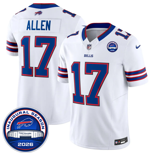 Men's Buffalo Bills #17 Josh Allen White F.U.S.E. 2026 Inaugural Season at Highmark Stadium Patch Stitched Football Jersey Men's Buffalo Bills #17 Josh Allen White F.U.S.E. 2026 Inaugural Season at Highmark Stadium Patch Stitched Football Jersey