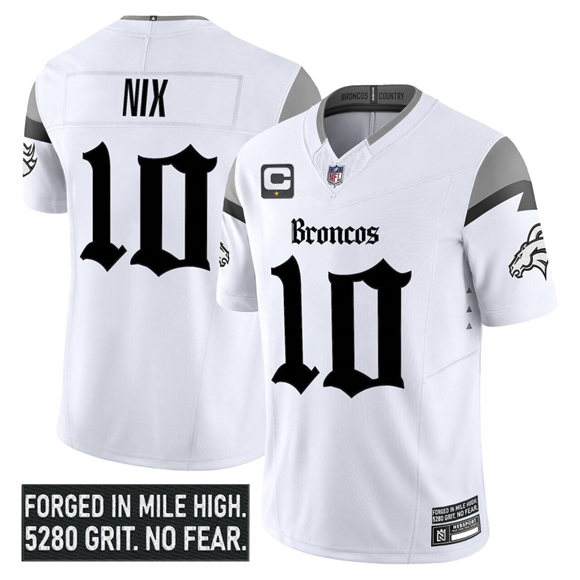 Men's Denver Broncos #10 Bo Nix White 2025 F.U.S.E. With 1-Star C Patch 'Gothic Mile High Shadows Edition' Vapor Limited Stitched Football Jersey Men's Denver Broncos #10 Bo Nix White 2025 F.U.S.E. With 1-Star C Patch 'Gothic Mile High Shadows Edition' Vapor Limited Stitched Football Jersey