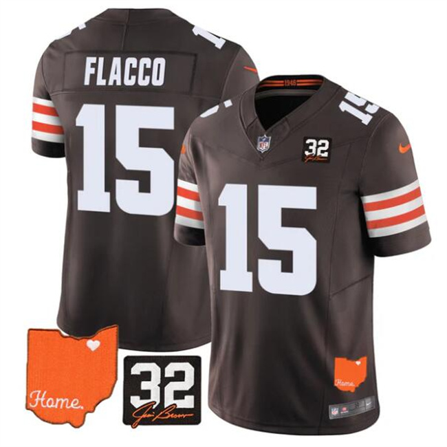 Men's Cleveland Browns #15 Joe Flacco Brown 2025 F.U.S.E. With Jim Brown Memorial & Home Patch Vapor Limited Stitched Football Jersey Men's Cleveland Browns #15 Joe Flacco Brown 2025 F.U.S.E. With Jim Brown Memorial & Home Patch Vapor Limited Stitched Football Jersey