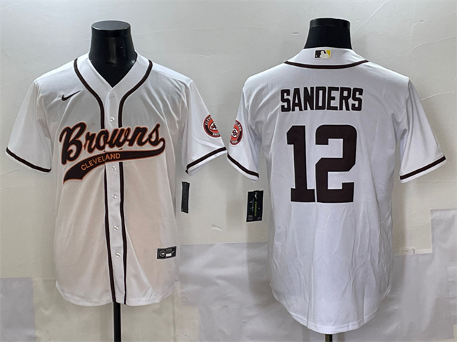 Men's Cleveland Browns #12 Shedeur Sanders White With Patch Cool Base Stitched Baseball Jersey Men's Cleveland Browns #12 Shedeur Sanders White With Patch Cool Base Stitched Baseball Jersey