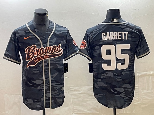 Men's Cleveland Browns #95 Myles Garrett Grey Camo With Patch Cool Base Stitched Baseball Jersey Men's Cleveland Browns #95 Myles Garrett Grey Camo With Patch Cool Base Stitched Baseball Jersey