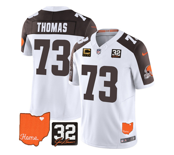Men's Cleveland Browns #73 Joe Thomas White Brown 2023 F.U.S.E. With Jim Brown Memorial Patch And 4-Star C Patch Vapor Untouchable Limited Stitched Jersey Men's Cleveland Browns #73 Joe Thomas White Brown 2023 F.U.S.E. With Jim Brown Memorial Patch And 4-Star C Patch Vapor Untouchable Limited Stitched Jersey