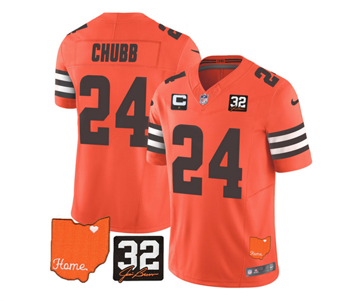 Men's Cleveland Browns #24 Nick Chubb Orange 2023 F.U.S.E. With Jim Brown Memorial Patch And 1-Star C Patch Vapor Untouchable Limited Stitched Jersey Men's Cleveland Browns #24 Nick Chubb Orange 2023 F.U.S.E. With Jim Brown Memorial Patch And 1-Star C Patch Vapor Untouchable Limited Stitched Jersey