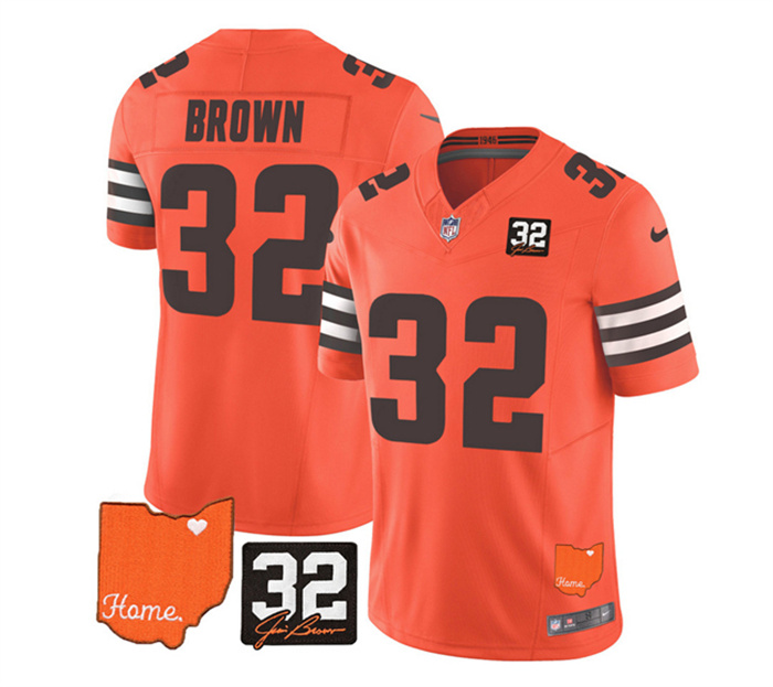 Men's Cleveland Browns #32 Jim Brown Orange 2023 F.U.S.E. With Jim Brown Memorial Patch Vapor Untouchable Limited Stitched Jersey Men's Cleveland Browns #32 Jim Brown Orange 2023 F.U.S.E. With Jim Brown Memorial Patch Vapor Untouchable Limited Stitched Jersey