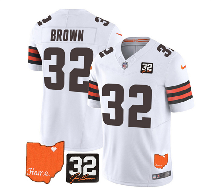 Men's Cleveland Browns #32 Jim Brown White 2023 F.U.S.E. With Jim Brown Memorial Patch Vapor Untouchable Limited Stitched Jersey Men's Cleveland Browns #32 Jim Brown White 2023 F.U.S.E. With Jim Brown Memorial Patch Vapor Untouchable Limited Stitched Jersey