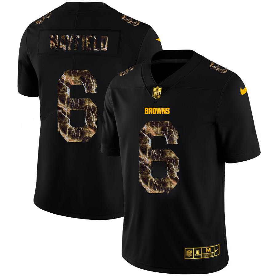 Cleveland Browns #6 Baker Mayfield Men's Black Nike Flocked Lightning Vapor Limited NFL Jersey Cleveland Browns #6 Baker Mayfield Men's Black Nike Flocked Lightning Vapor Limited NFL Jersey