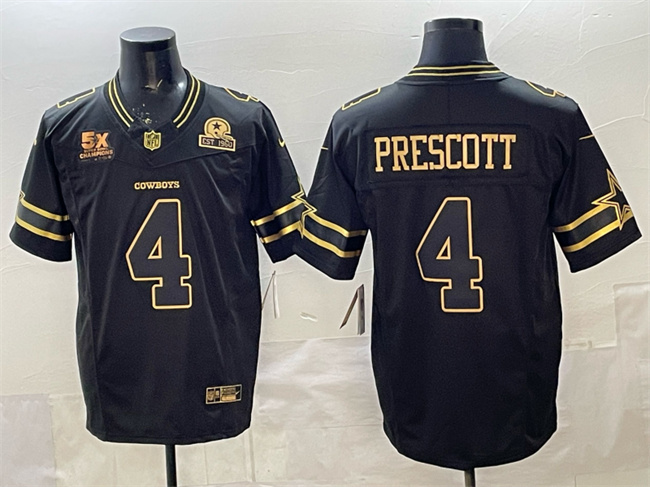 Men's Dallas Cowboys #4 Dak Prescott Black Gold 2025 F.U.S.E. With 5x Super Bowl Champions & Established In 1960 Patch Vapor Limited Stitched Football Jersey Men's Dallas Cowboys #4 Dak Prescott Black Gold 2025 F.U.S.E. With 5x Super Bowl Champions & Established In 1960 Patch Vapor Limited Stitched Football Jersey