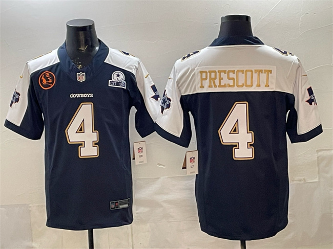 Men's Dallas Cowboys #4 Dak Prescott Navy F.U.S.E. With John Madden Patch & Established In 1960 Patch Thanksgiving Vapor Limited Stitched Football Jersey Men's Dallas Cowboys #4 Dak Prescott Navy F.U.S.E. With John Madden Patch & Established In 1960 Patch Thanksgiving Vapor Limited Stitched Football Jersey