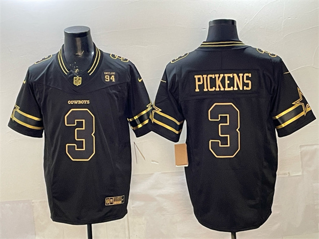 Men's Dallas Cowboys #3 George pickens Black Gold 2025 F.U.S.E. 94 Marshawn Kneeland Memorial Patch Vapor Limited Stitched Football Jersey Men's Dallas Cowboys #3 George pickens Black Gold 2025 F.U.S.E. 94 Marshawn Kneeland Memorial Patch Vapor Limited Stitched Football Jersey