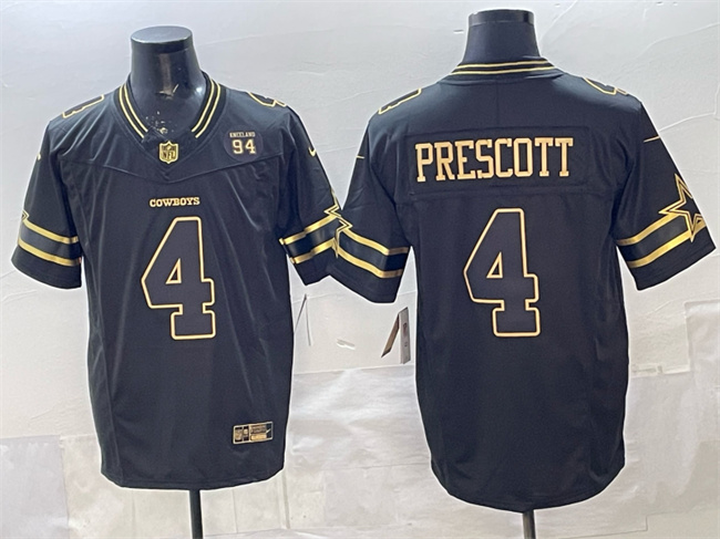 Men's Dallas Cowboys #4 Dak Prescott Black Gold 2025 F.U.S.E. 94 Marshawn Kneeland Memorial Patch Vapor Limited Stitched Football Jersey Men's Dallas Cowboys #4 Dak Prescott Black Gold 2025 F.U.S.E. 94 Marshawn Kneeland Memorial Patch Vapor Limited Stitched Football Jersey