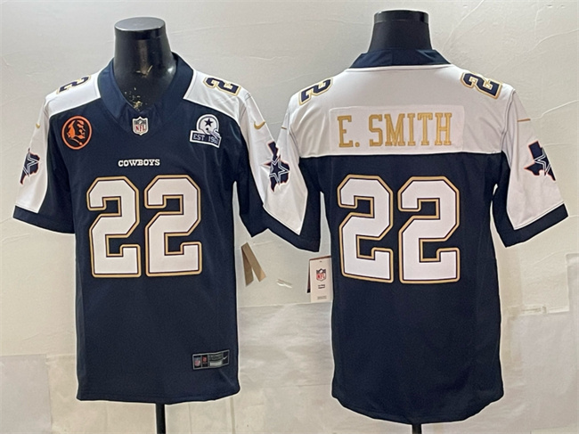 Men's Dallas Cowboys #22 Emmitt Smith Navy F.U.S.E. With John Madden Patch & Established In 1960 Patch Thanksgiving Vapor Limited Stitched Football Jersey Men's Dallas Cowboys #22 Emmitt Smith Navy F.U.S.E. With John Madden Patch & Established In 1960 Patch Thanksgiving Vapor Limited Stitched Football Jersey