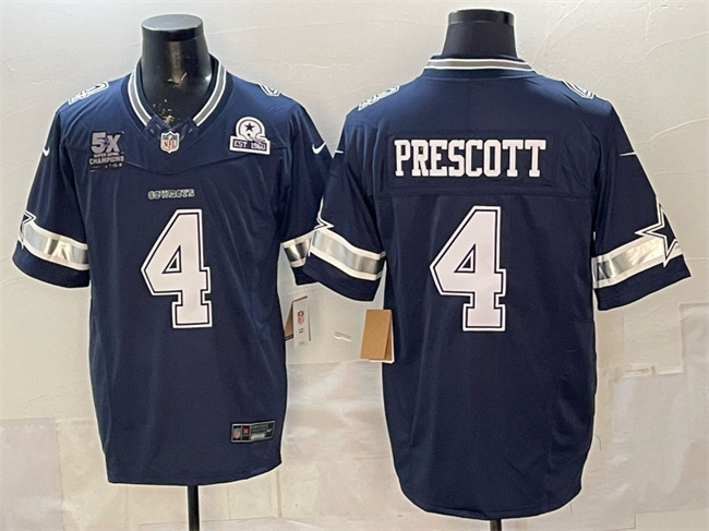 Men's Dallas Cowboys #4 Dak Prescott Navy F.U.S.E. With 5x Super Bowl Champions & Established In 1960 Patch Vapor Limited Stitched Football Jersey Men's Dallas Cowboys #4 Dak Prescott Navy F.U.S.E. With 5x Super Bowl Champions & Established In 1960 Patch Vapor Limited Stitched Football Jersey