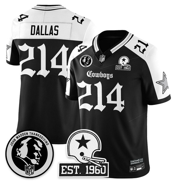 Men's Dallas Cowboys #214 Dallas Black White 2025 F.U.S.E. With John Madden Patch & Established In 1960 Patch Vapor Limited Stitched Football Jersey Men's Dallas Cowboys #214 Dallas Black White 2025 F.U.S.E. With John Madden Patch & Established In 1960 Patch Vapor Limited Stitched Football Jersey