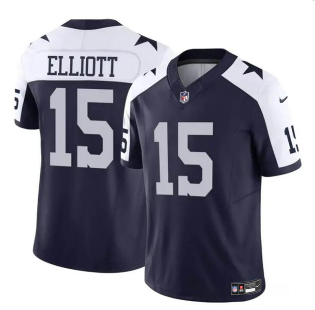 Men's Dallas Cowboys #15 Ezekiel Elliott Navy White 2023 F.U.S.E Thanksgiving Vapor Limited Stitched Football Jersey Men's Dallas Cowboys #15 Ezekiel Elliott Navy White 2023 F.U.S.E Thanksgiving Vapor Limited Stitched Football Jersey