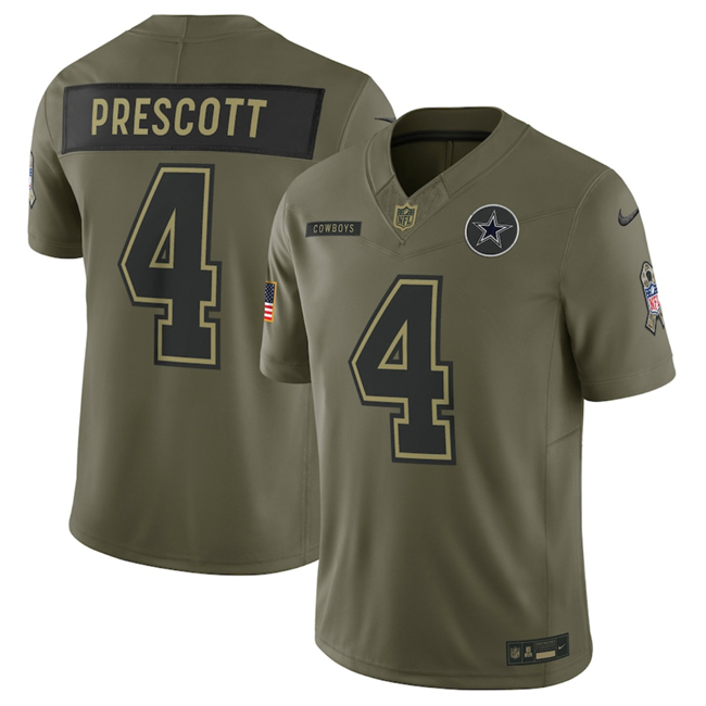 Men's Dallas Cowboys #4 Dak Prescott Olive 2025 Salute to Service Limited Stitched Football Jersey Men's Dallas Cowboys #4 Dak Prescott Olive 2025 Salute to Service Limited Stitched Football Jersey