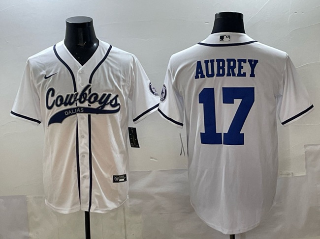 Men's Dallas Cowboys #17 Brandon Aubrey White Cool Base Stitched Baseball Jersey Men's Dallas Cowboys #17 Brandon Aubrey White Cool Base Stitched Baseball Jersey