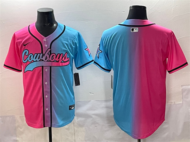 Men's Dallas Cowboys Blank Pink Blue Limited Stitched Baseball Jersey Men's Dallas Cowboys Blank Pink Blue Limited Stitched Baseball Jersey