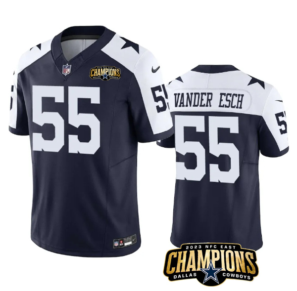 Men's Dallas Cowboys #55 Leighton Vander Esch Navy White 2023 F.U.S.E. NFC East Champions Patch Stitched Football Jersey Men's Dallas Cowboys #55 Leighton Vander Esch Navy White 2023 F.U.S.E. NFC East Champions Patch Stitched Football Jersey