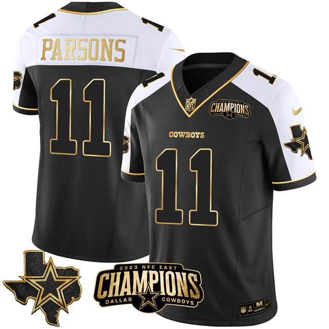 Men's Dallas Cowboys #11 Micah Parsons Black White Gold 2023 F.U.S.E. NFC East Champions Patch Stitched Football Jersey Men's Dallas Cowboys #11 Micah Parsons Black White Gold 2023 F.U.S.E. NFC East Champions Patch Stitched Football Jersey