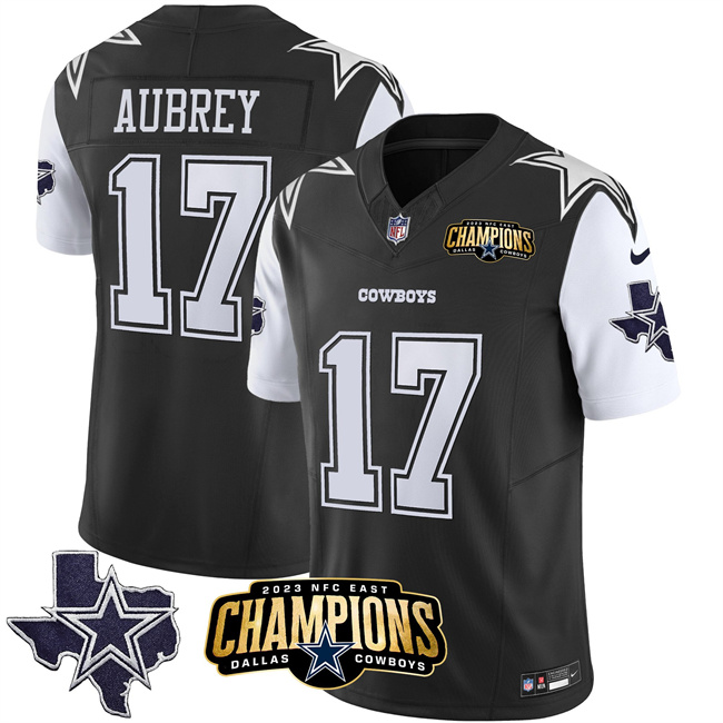 Men's Dallas Cowboys #17 Brandon Aubrey Black White 2023 F.U.S.E. NFC East Champions Patch Stitched Football Jersey Men's Dallas Cowboys #17 Brandon Aubrey Black White 2023 F.U.S.E. NFC East Champions Patch Stitched Football Jersey