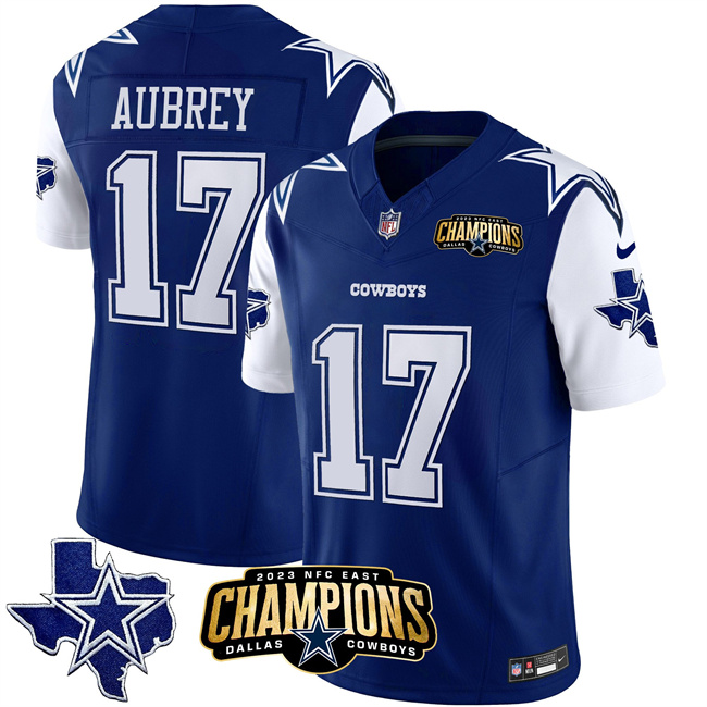 Men's Dallas Cowboys #17 Brandon Aubrey Blue White 2023 F.U.S.E. NFC East Champions Patch Stitched Football Jersey Men's Dallas Cowboys #17 Brandon Aubrey Blue White 2023 F.U.S.E. NFC East Champions Patch Stitched Football Jersey