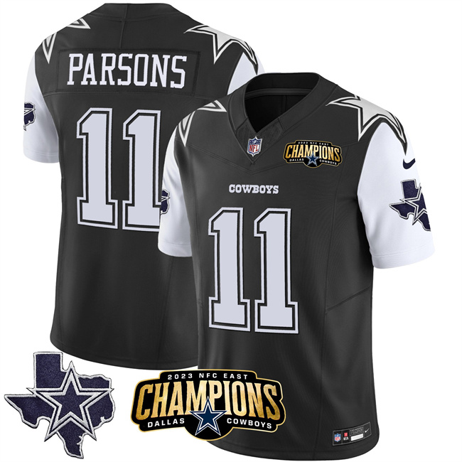 Men's Dallas Cowboys #11 Micah Parsons Black White 2023 F.U.S.E. NFC East Champions Patch Stitched Football Jersey Men's Dallas Cowboys #11 Micah Parsons Black White 2023 F.U.S.E. NFC East Champions Patch Stitched Football Jersey