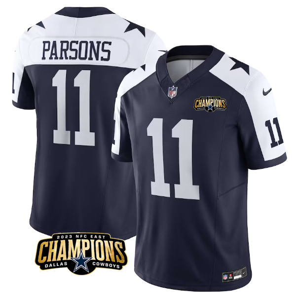 Men's Dallas Cowboys #11 Micah Parsons Navy White 2023 F.U.S.E. NFC East Champions Patch Stitched Football Jersey Men's Dallas Cowboys #11 Micah Parsons Navy White 2023 F.U.S.E. NFC East Champions Patch Stitched Football Jersey