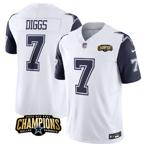 Men's Dallas Cowboys #7 Trevon Diggs White Navy 2023 F.U.S.E. NFC East Champions Patch Stitched Football Jersey Men's Dallas Cowboys #7 Trevon Diggs White Navy 2023 F.U.S.E. NFC East Champions Patch Stitched Football Jersey