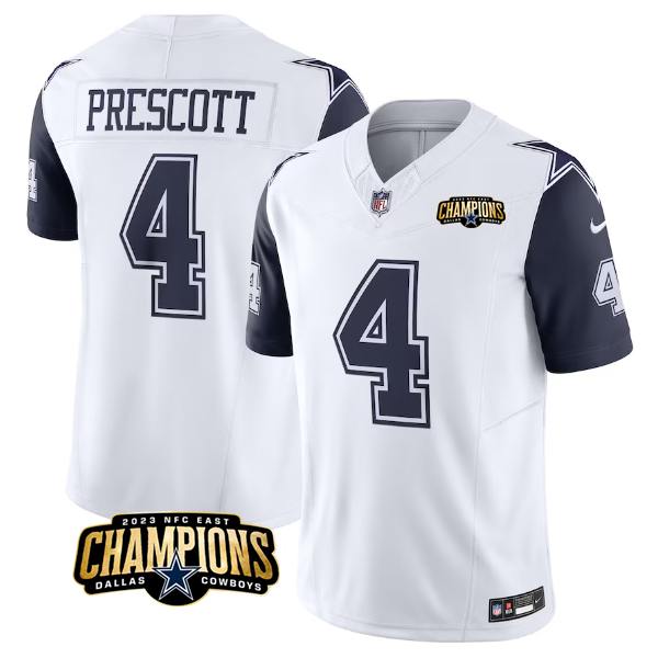 Men's Dallas Cowboys #4 Dak Prescott White Navy 2023 F.U.S.E. NFC East Champions Patch Stitched Football Jersey Men's Dallas Cowboys #4 Dak Prescott White Navy 2023 F.U.S.E. NFC East Champions Patch Stitched Football Jersey