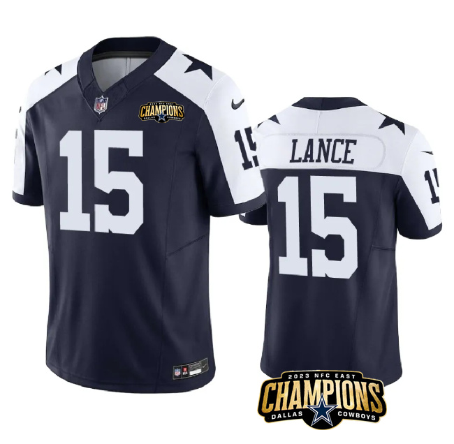 Men's Dallas Cowboys #15 Trey Lance Navy White 2023 F.U.S.E. NFC East Champions Patch Stitched Football Jersey Men's Dallas Cowboys #15 Trey Lance Navy White 2023 F.U.S.E. NFC East Champions Patch Stitched Football Jersey