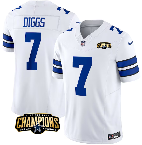 Men's Dallas Cowboys #7 Trevon Diggs White 2023 F.U.S.E. NFC East Champions Patch Stitched Football Jersey Men's Dallas Cowboys #7 Trevon Diggs White 2023 F.U.S.E. NFC East Champions Patch Stitched Football Jersey