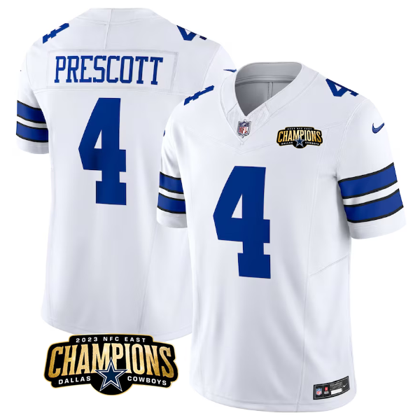 Men's Dallas Cowboys #4 Dak Prescott White 2023 F.U.S.E. NFC East Champions Patch Stitched Football Jersey Men's Dallas Cowboys #4 Dak Prescott White 2023 F.U.S.E. NFC East Champions Patch Stitched Football Jersey