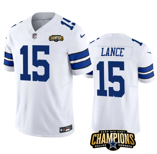Men's Dallas Cowboys #15 Trey Lance White 2023 F.U.S.E. NFC East Champions Patch Stitched Football Jersey Men's Dallas Cowboys #15 Trey Lance White 2023 F.U.S.E. NFC East Champions Patch Stitched Football Jersey