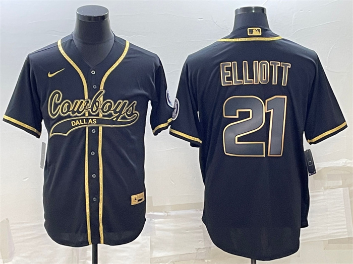 Men's Dallas Cowboys #21 Ezekiel Elliott Black Gold With Patch Cool Base Stitched Baseball Jersey Men's Dallas Cowboys #21 Ezekiel Elliott Black Gold With Patch Cool Base Stitched Baseball Jersey