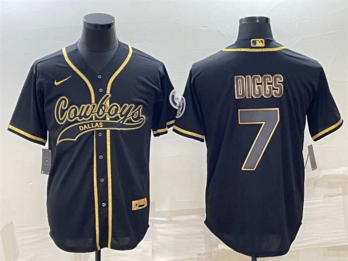 Men's Dallas Cowboys #7 Trevon Diggs Black Gold With Patch Cool Base Stitched Baseball Jersey Men's Dallas Cowboys #7 Trevon Diggs Black Gold With Patch Cool Base Stitched Baseball Jersey