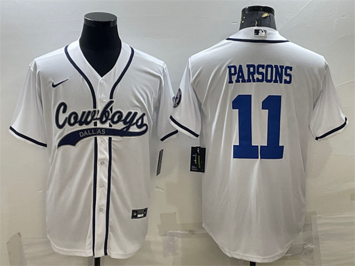 Men's Dallas Cowboys #11 Micah Parsons White With Patch Cool Base Stitched Baseball Jersey Men's Dallas Cowboys #11 Micah Parsons White With Patch Cool Base Stitched Baseball Jersey