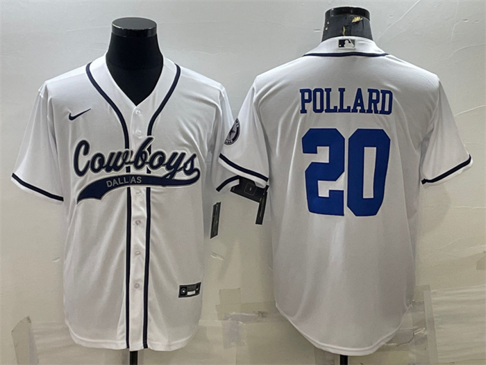 Men's Dallas Cowboys #20 Tony Pollard White With Patch Cool Base Stitched Baseball Jersey Men's Dallas Cowboys #20 Tony Pollard White With Patch Cool Base Stitched Baseball Jersey