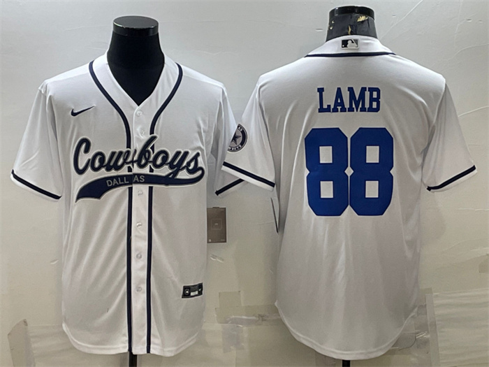 Men's Dallas Cowboys #88 CeeDee Lamb White With Patch Cool Base Stitched Baseball Jersey Men's Dallas Cowboys #88 CeeDee Lamb White With Patch Cool Base Stitched Baseball Jersey