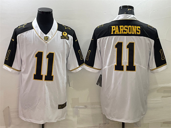 Men's Dallas Cowboys #11 Micah Parsons White Gold Edition With 1960 Patch Limited Stitched Football Jersey Men's Dallas Cowboys #11 Micah Parsons White Gold Edition With 1960 Patch Limited Stitched Football Jersey