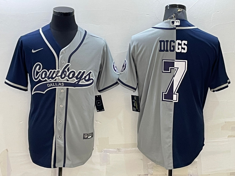 Men's Dallas Cowboys #7 Trevon Diggs Navy Grey Split With Patch Cool Base Stitched Baseball Jersey Men's Dallas Cowboys #7 Trevon Diggs Navy Grey Split With Patch Cool Base Stitched Baseball Jersey