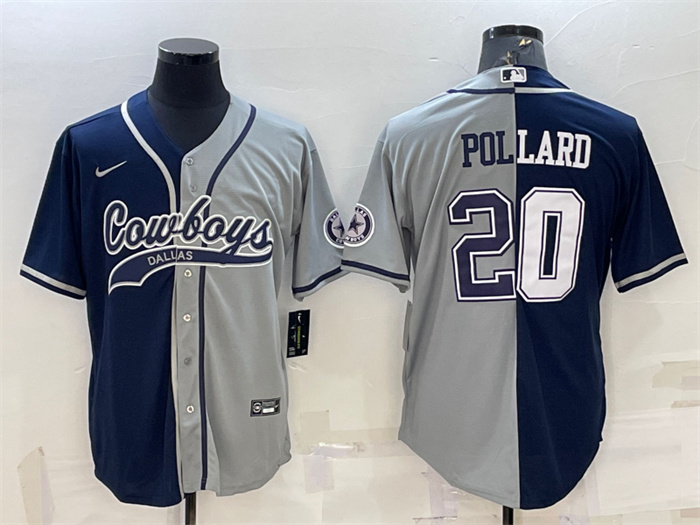 Men's Dallas Cowboys #20 Tony Pollard Navy Grey Split With Patch Cool Base Stitched Baseball Jersey Men's Dallas Cowboys #20 Tony Pollard Navy Grey Split With Patch Cool Base Stitched Baseball Jersey