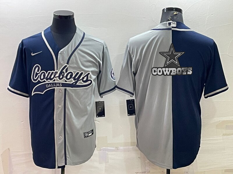 Men's Dallas Cowboys Navy Grey Split Team Big Logo With Patch Cool Base Stitched Baseball Jersey Men's Dallas Cowboys Navy Grey Split Team Big Logo With Patch Cool Base Stitched Baseball Jersey