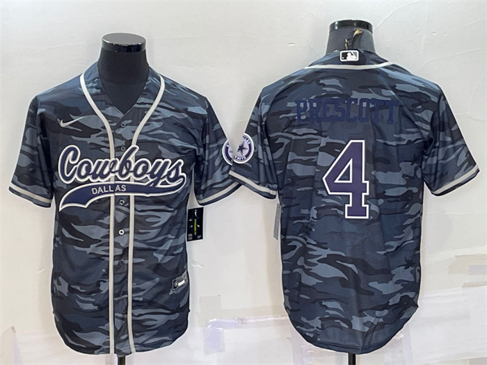 Men's Dallas Cowboys #4 Dak Prescott Grey Navy Camo With Patch Cool Base Stitched Baseball Jersey Men's Dallas Cowboys #4 Dak Prescott Grey Navy Camo With Patch Cool Base Stitched Baseball Jersey