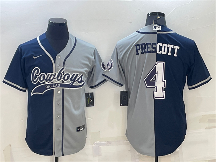 Men's Dallas Cowboys #4 Dak Prescott Navy Grey Split With Patch Cool Base Stitched Baseball Jersey Men's Dallas Cowboys #4 Dak Prescott Navy Grey Split With Patch Cool Base Stitched Baseball Jersey
